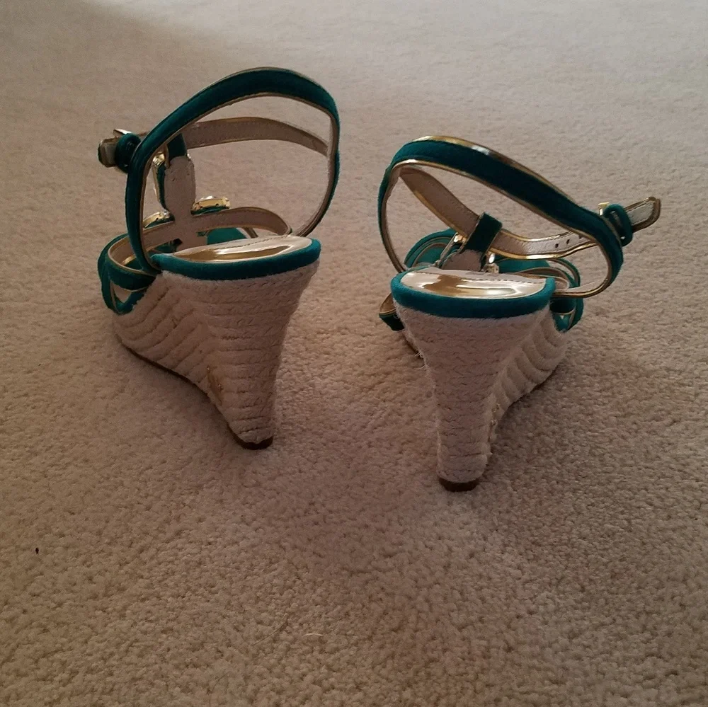 AUTHENTIC Michael Kors Aqua & Gold Suede Espadrille Wedge Sandals - size 7